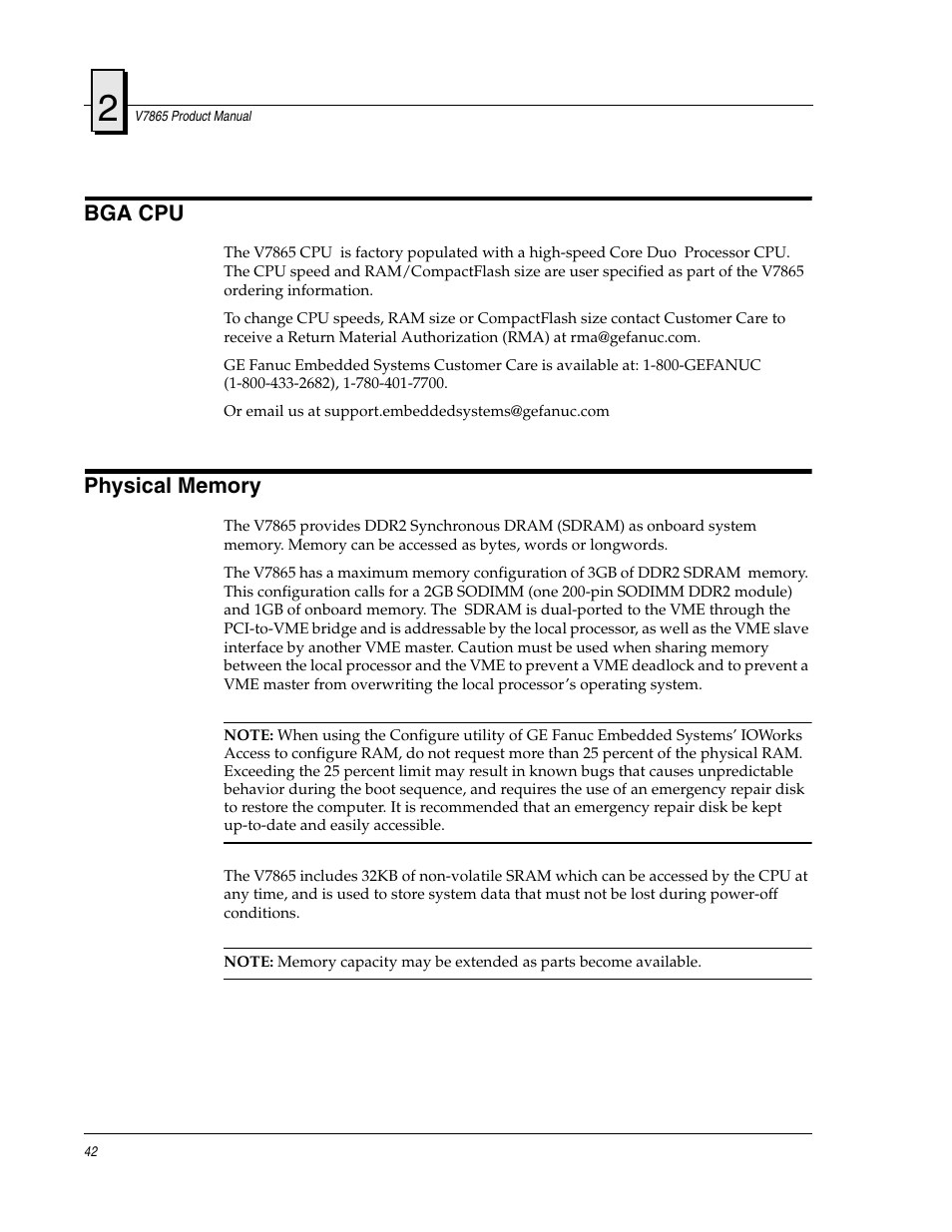 Bga cpu, Physical memory, Bga cpu physical memory | FANUC Robotics America V7865* User Manual | Page 42 / 103