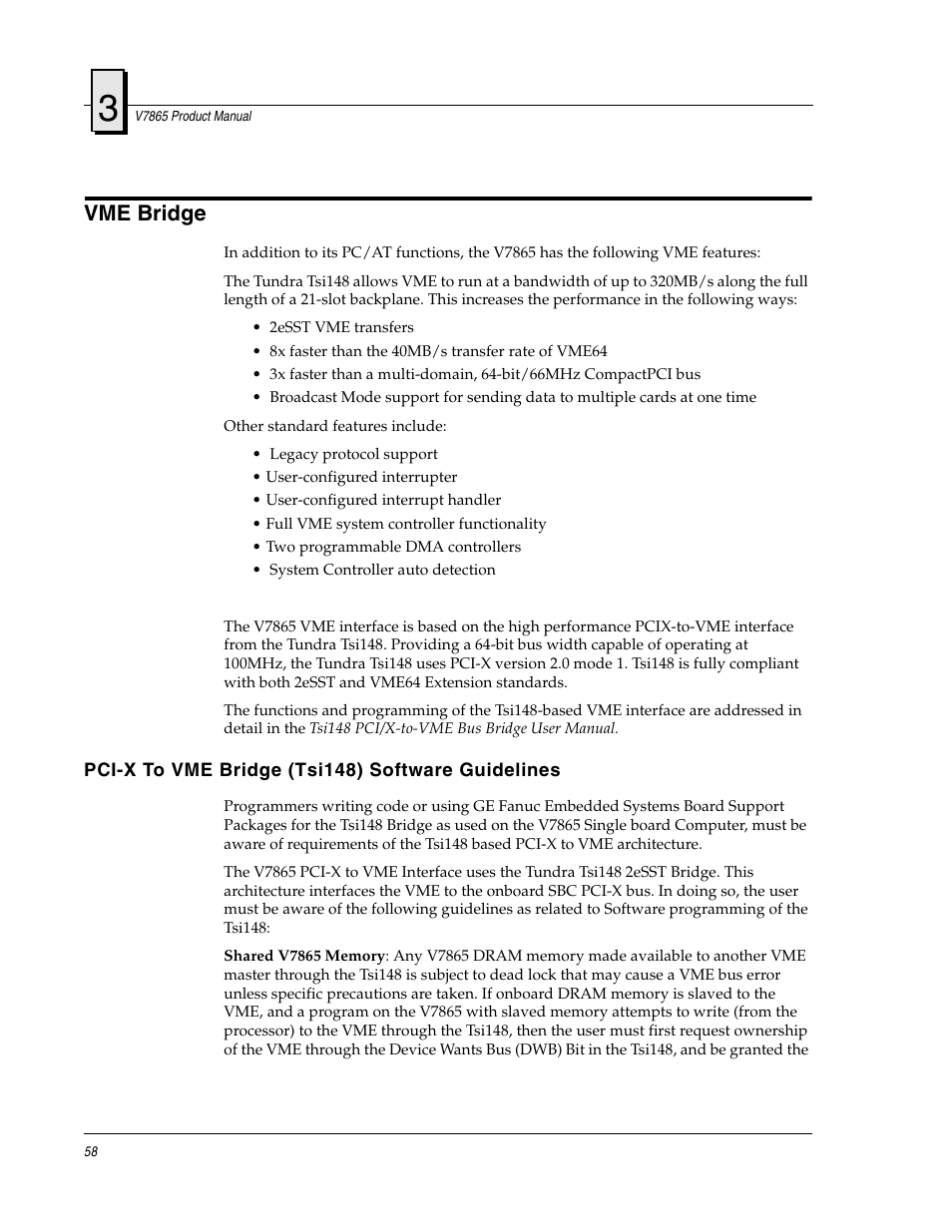 Vme bridge, Pci-x to vme bridge (tsi148) software guidelines | FANUC Robotics America V7865* User Manual | Page 58 / 103