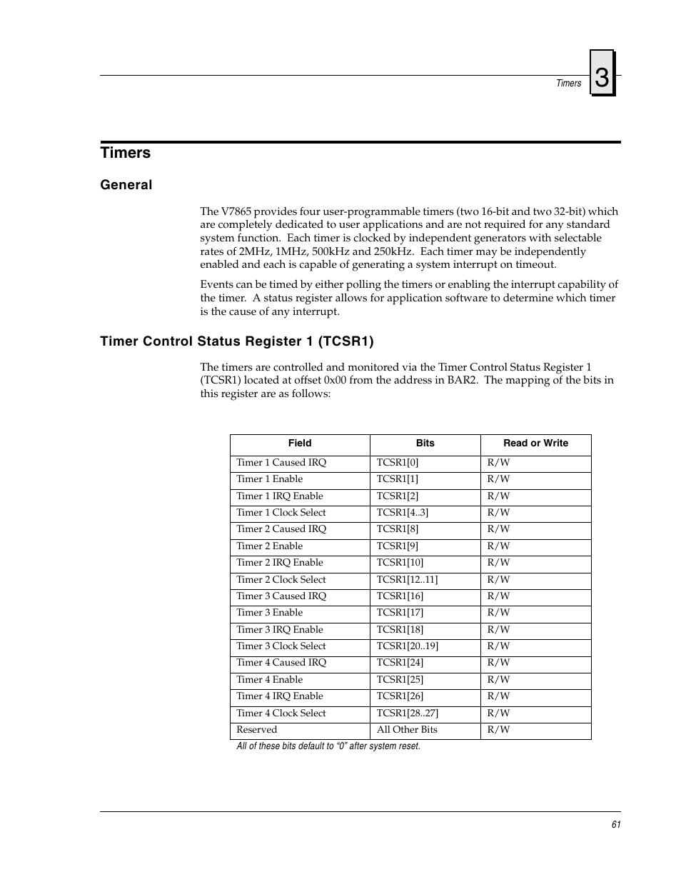 Timers, General, Timer control status register 1 (tcsr1) | FANUC Robotics America V7865* User Manual | Page 61 / 103