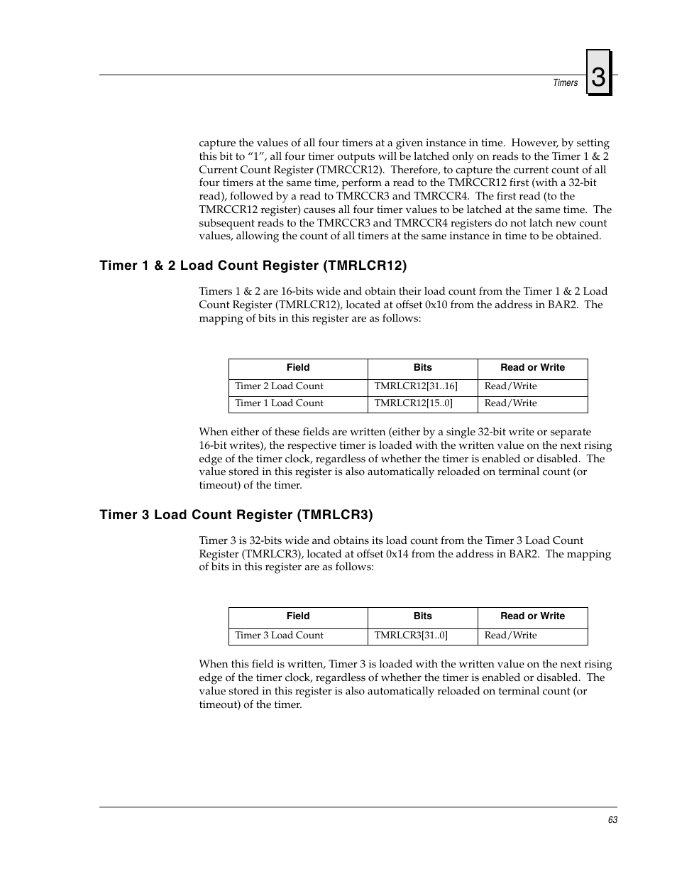 Timer 1 & 2 load count register (tmrlcr12), Timer 3 load count register (tmrlcr3) | FANUC Robotics America V7865* User Manual | Page 63 / 103