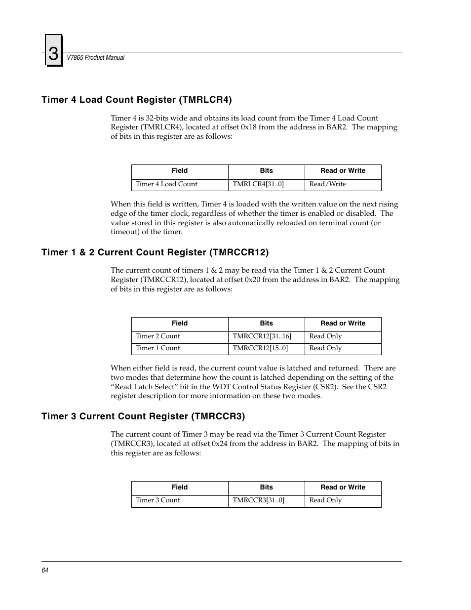 Timer 4 load count register (tmrlcr4), Timer 1 & 2 current count register (tmrccr12), Timer 3 current count register (tmrccr3) | FANUC Robotics America V7865* User Manual | Page 64 / 103
