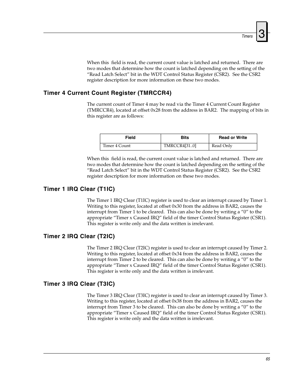 Timer 4 current count register (tmrccr4), Timer 1 irq clear (t1ic), Timer 2 irq clear (t2ic) | Timer 3 irq clear (t3ic) | FANUC Robotics America V7865* User Manual | Page 65 / 103