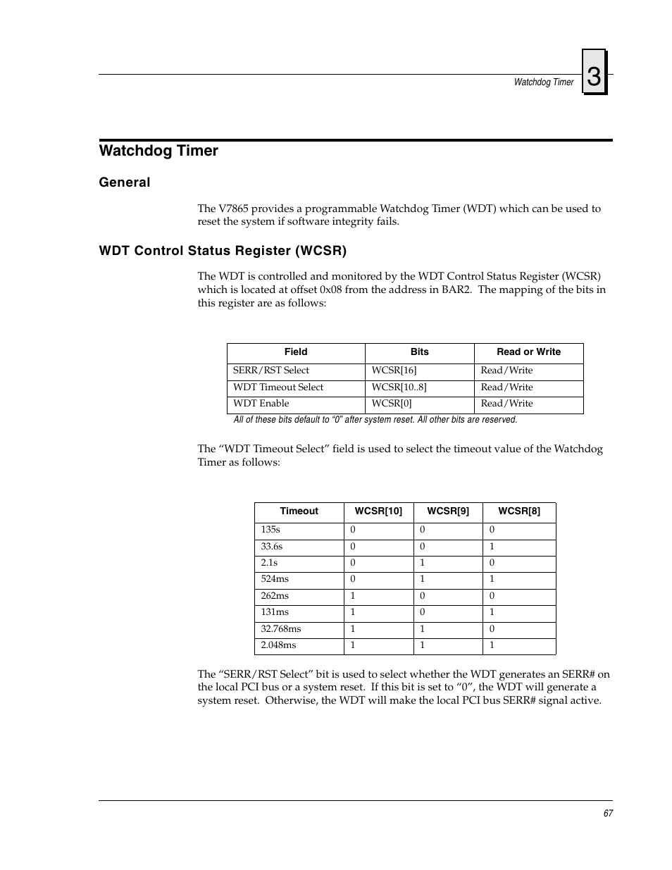 Watchdog timer, General, Wdt control status register (wcsr) | FANUC Robotics America V7865* User Manual | Page 67 / 103