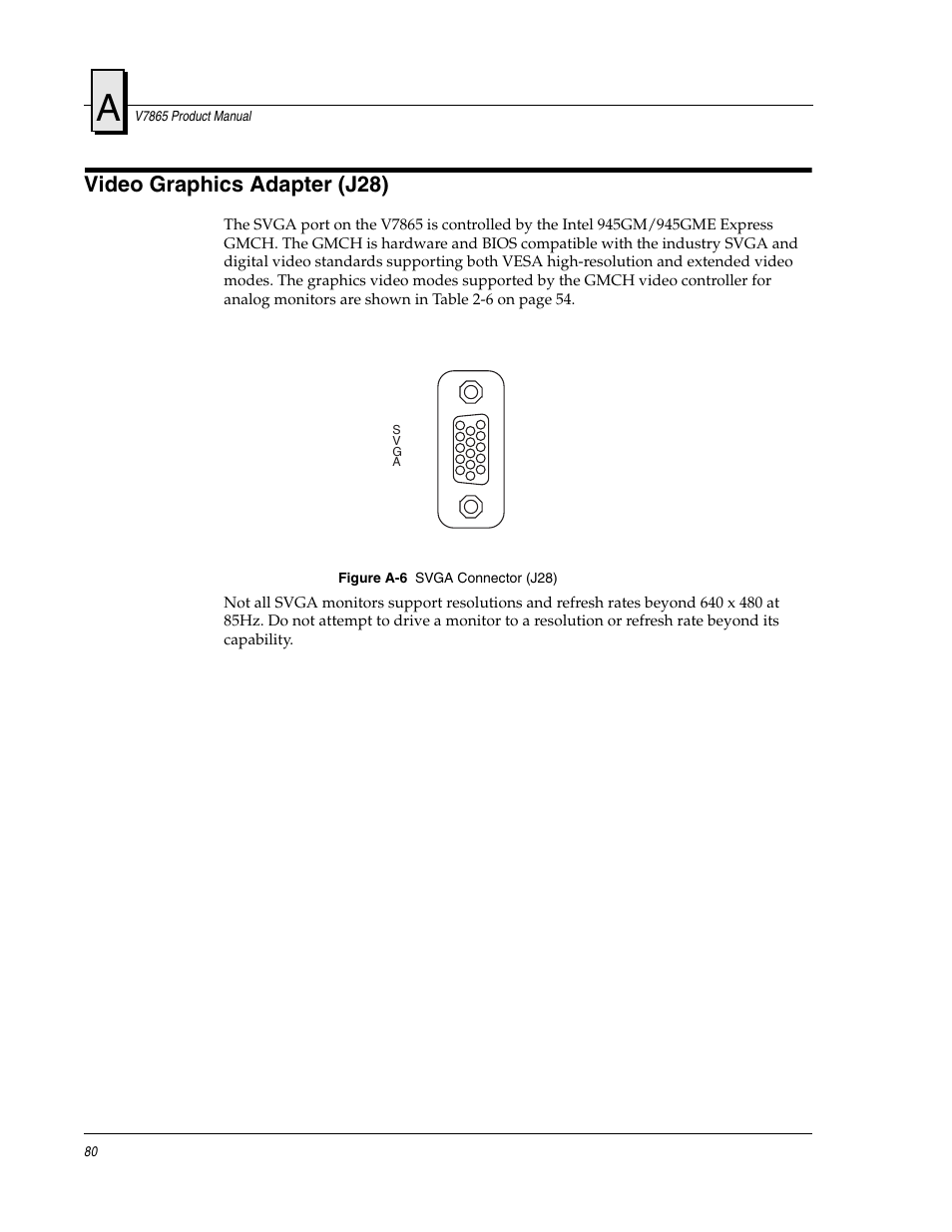 Video graphics adapter (j28), Figure a-6, Svga connector (j28) | FANUC Robotics America V7865* User Manual | Page 80 / 103