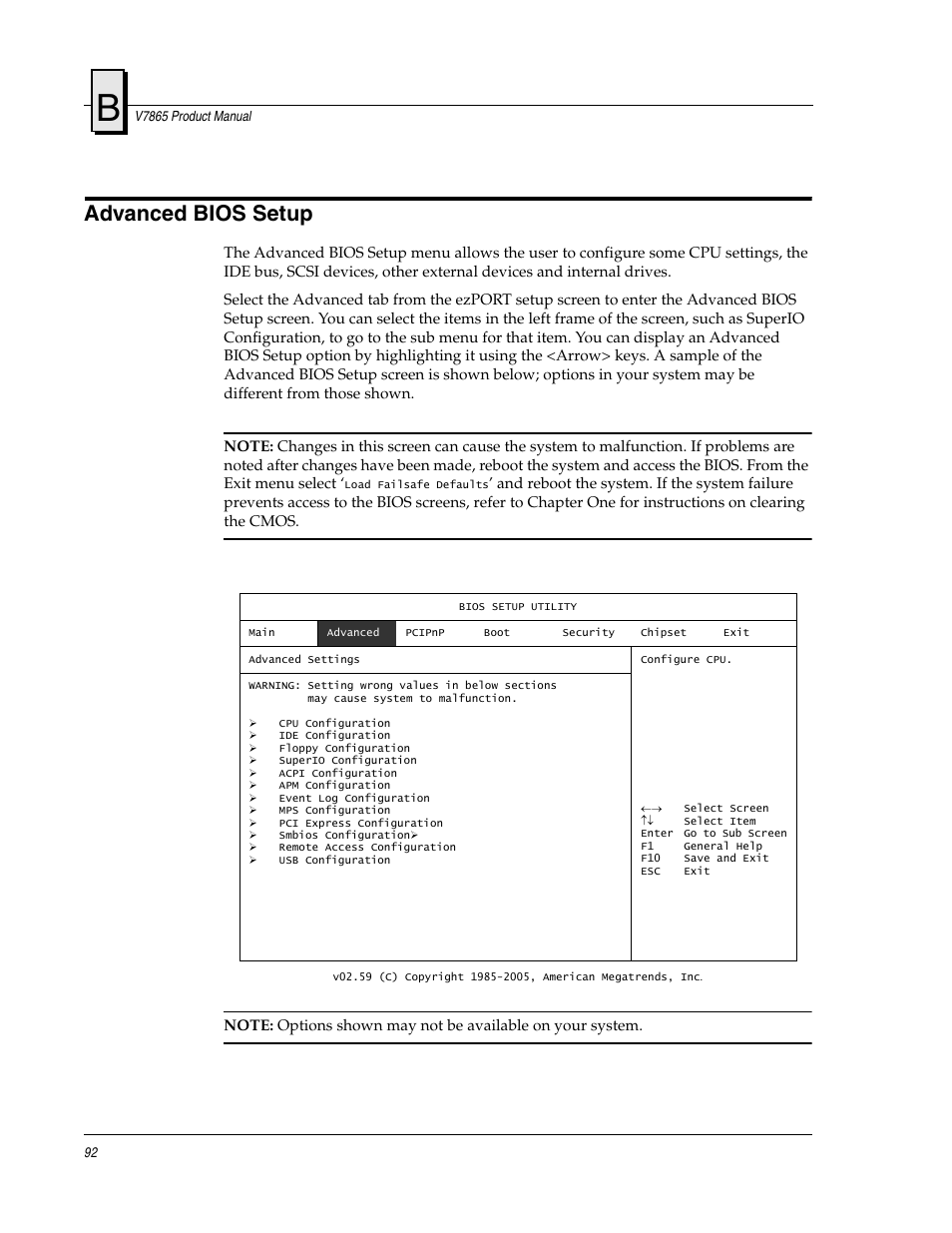 Advanced bios setup | FANUC Robotics America V7865* User Manual | Page 92 / 103