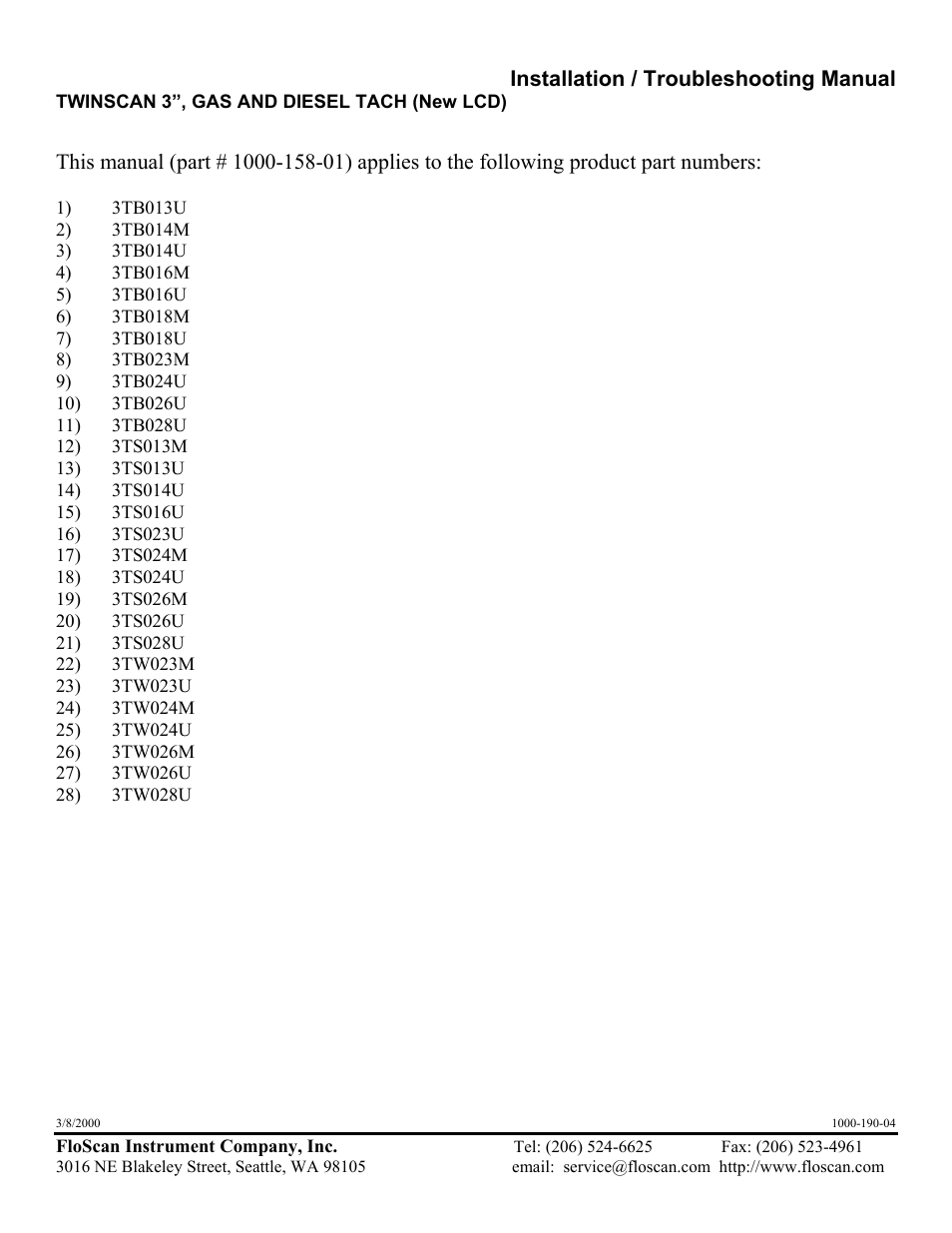 Floscan Instrument TWINSCAN 3TB013U User Manual | 18 pages