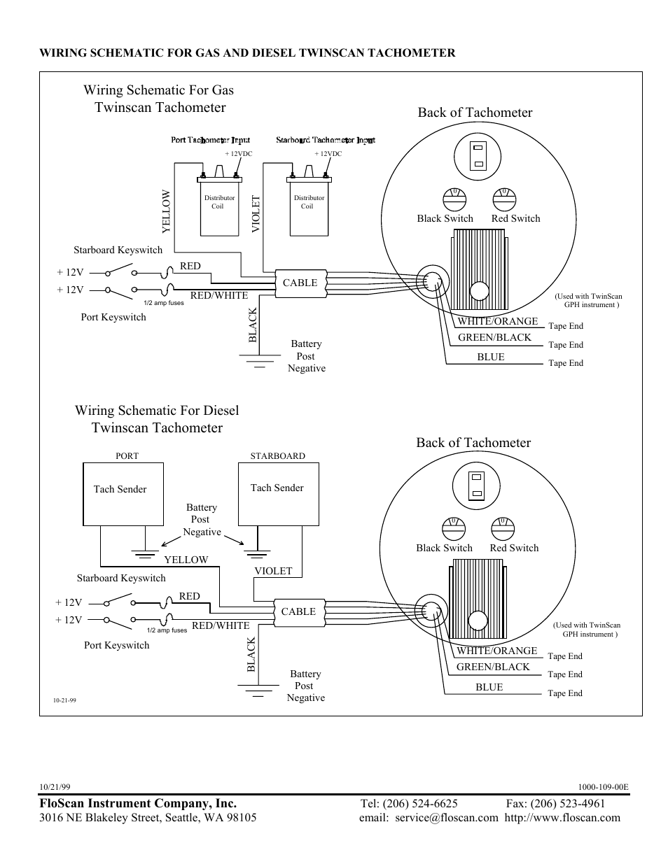 Twinscan tachometer, Back of tachometer, Wiring schematic for gas | Wiring schematic for diesel, Floscan instrument company, inc | Floscan Instrument TWINSCAN 3TB013U User Manual | Page 14 / 18