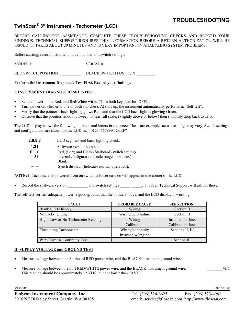 Probable cause, Troubleshooting | Floscan Instrument TWINSCAN 3TB013U User Manual | Page 2 / 18