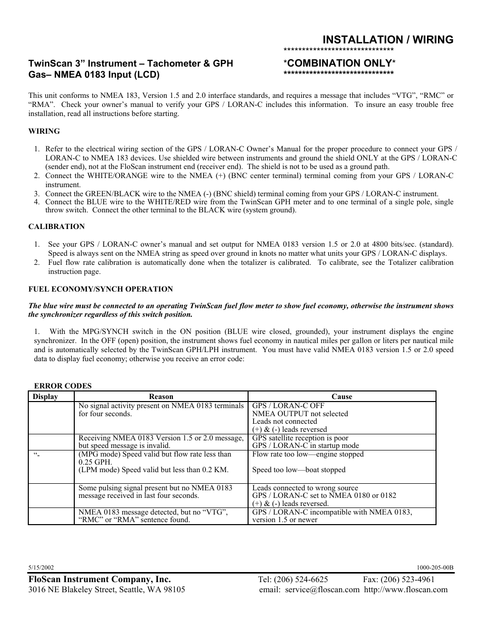 Installation / wiring, Combination only | Floscan Instrument TWINSCAN 3TB013U User Manual | Page 8 / 18