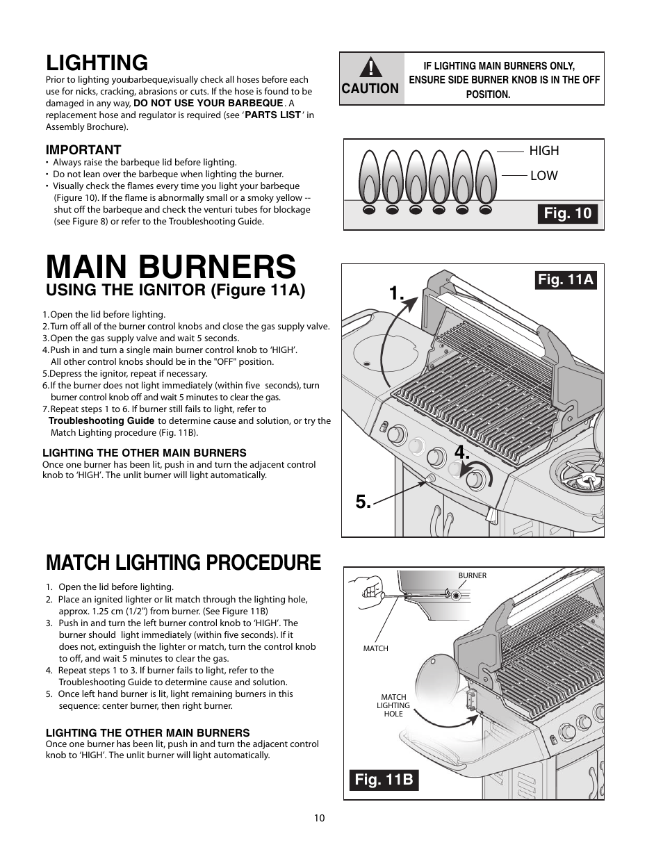 Main burners, Lighting, Match lighting procedure | Using the ignitor (figure 11a), Fig. 11b, Fig. 10 | Fiesta FG50057 User Manual | Page 10 / 32