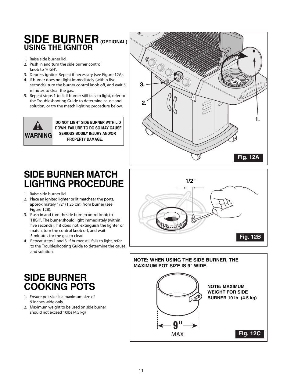 Side burner, Side burner match lighting procedure, Side burner cooking pots | Using the ignitor | Fiesta FG50057 User Manual | Page 11 / 32