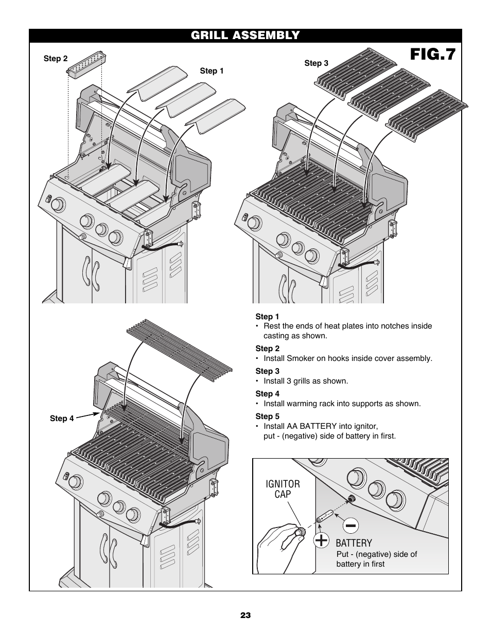 Fig.7, Grill assembly, Battery ignitor cap | Fiesta FG50057 User Manual | Page 23 / 32