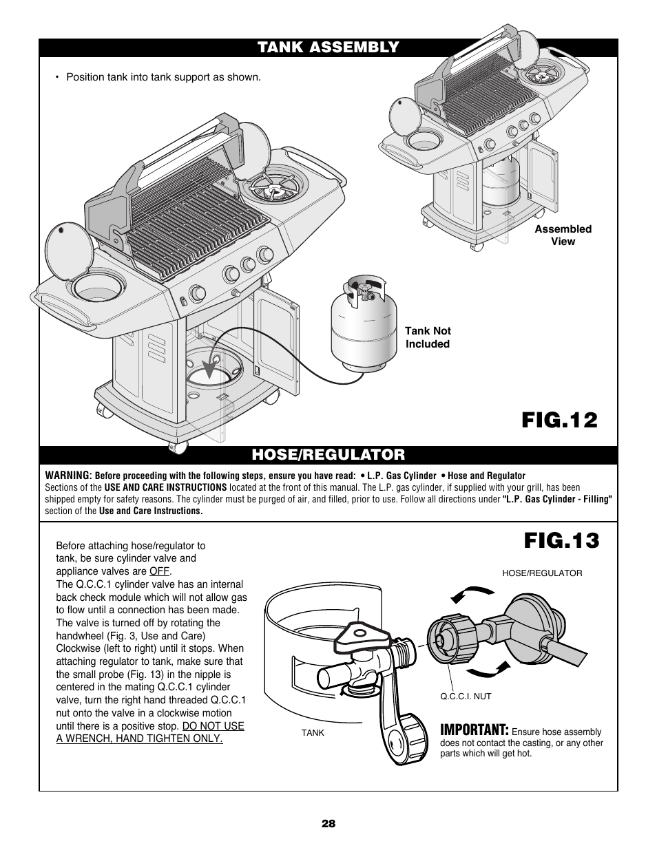 Fig.12, Fig.13, Tank assembly | Hose/regulator, Important | Fiesta FG50057 User Manual | Page 28 / 32