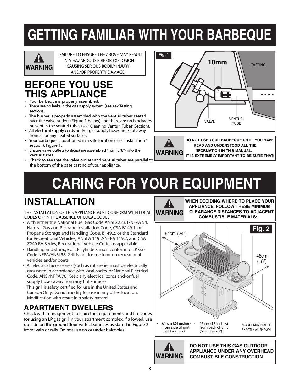 Getting familiar with your barbeque, Caring for your equipment, Before you use this appliance | Installation, Apartment dwellers, 10mm, Warning | Fiesta FG50057 User Manual | Page 3 / 32