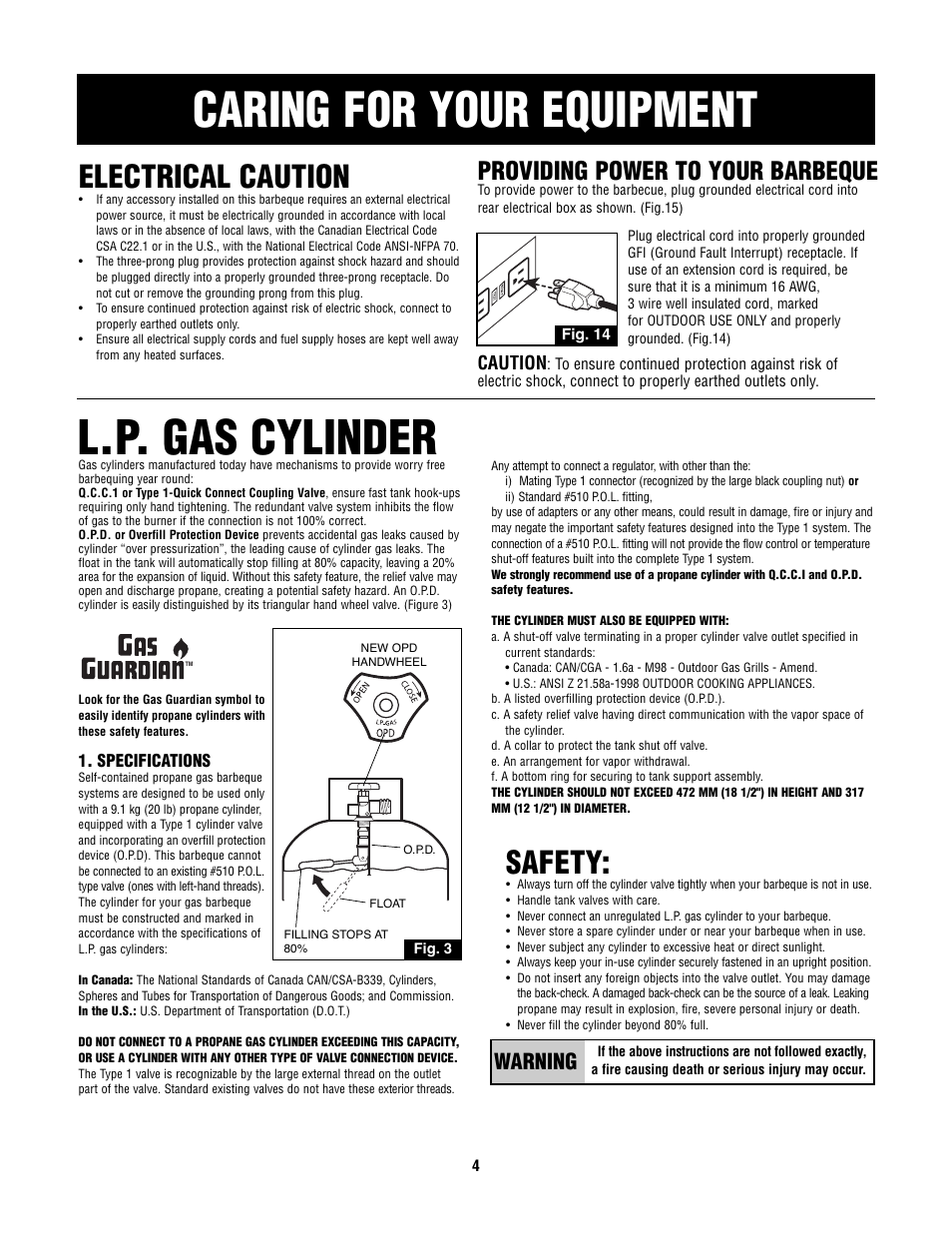 Caring for your equipment, L.p. gas cylinder, Safety | Electrical caution, Providing power to your barbeque, Warning | Fiesta FG50057 User Manual | Page 4 / 32