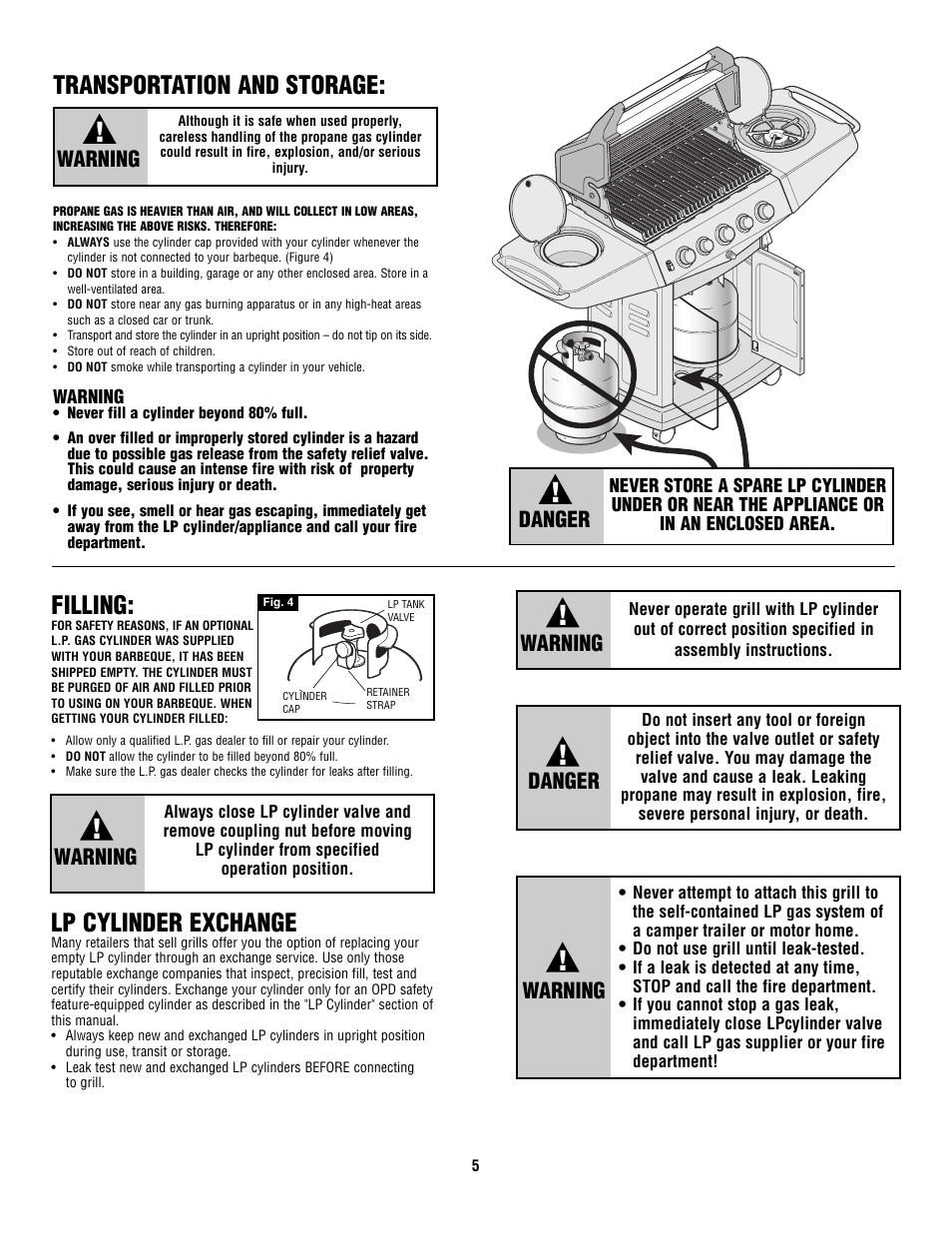 Transportation and storage, Filling, Lp cylinder exchange | Warning, Danger | Fiesta FG50057 User Manual | Page 5 / 32