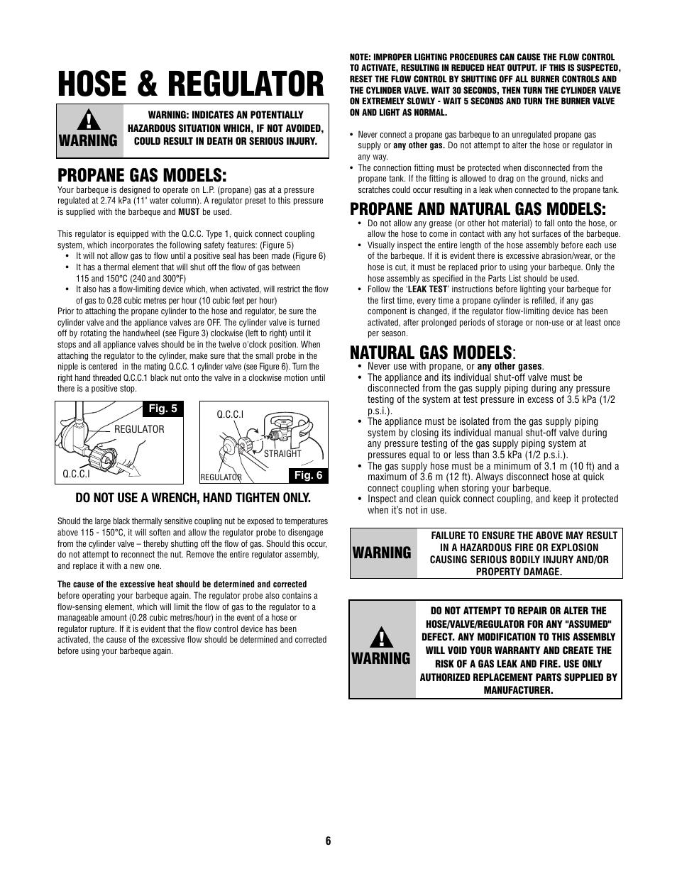 Hose & regulator, Natural gas models, Propane gas models | Propane and natural gas models, Warning | Fiesta FG50057 User Manual | Page 6 / 32