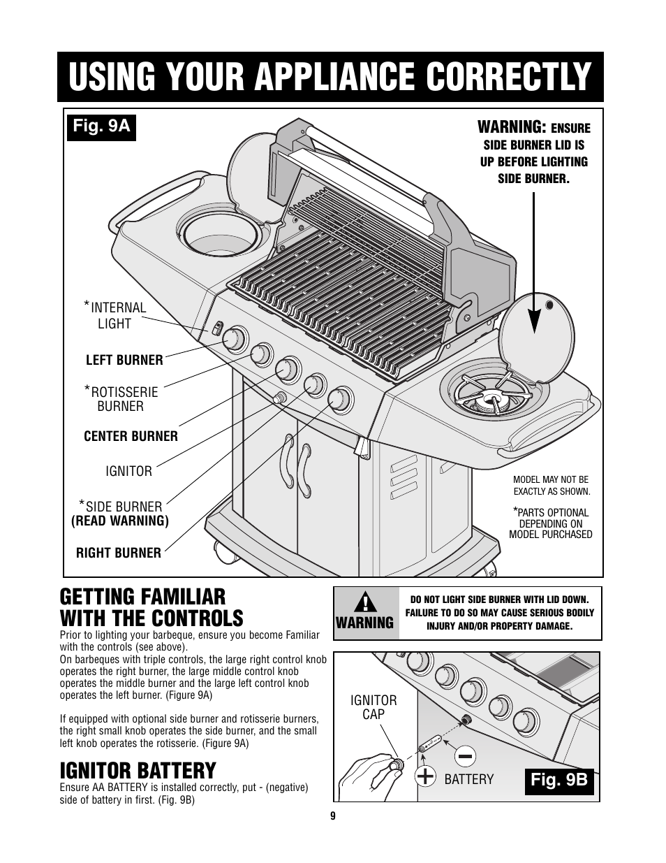 Using your appliance correctly, Getting familiar with the controls, Ignitor battery | Fig. 9a, Fig. 9b, Warning | Fiesta FG50057 User Manual | Page 9 / 32