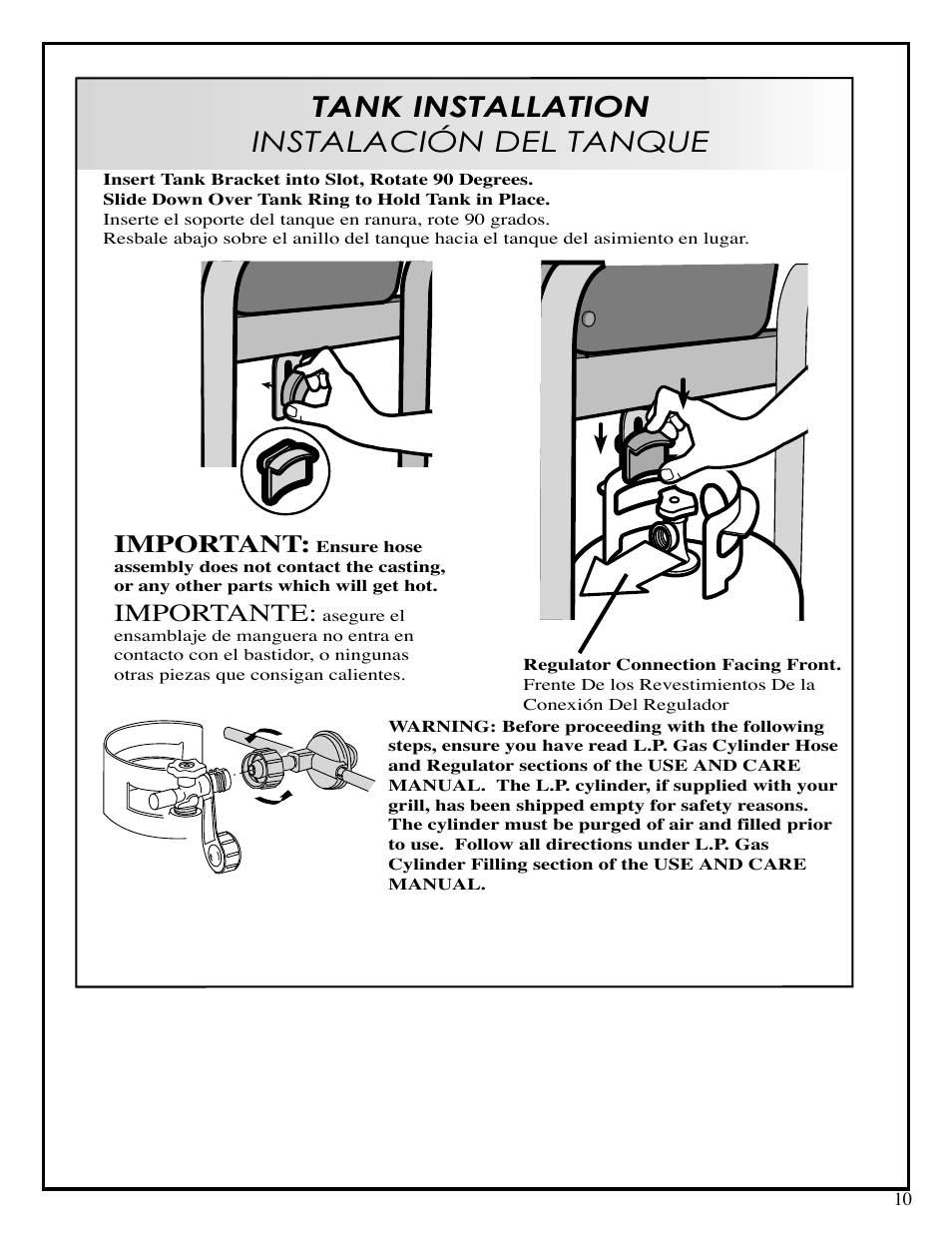 Tank installation instalación del tanque, Important, Importante | Fiesta OUTDOOR GAS BARBEQUE EZA34545-B403 User Manual | Page 10 / 12