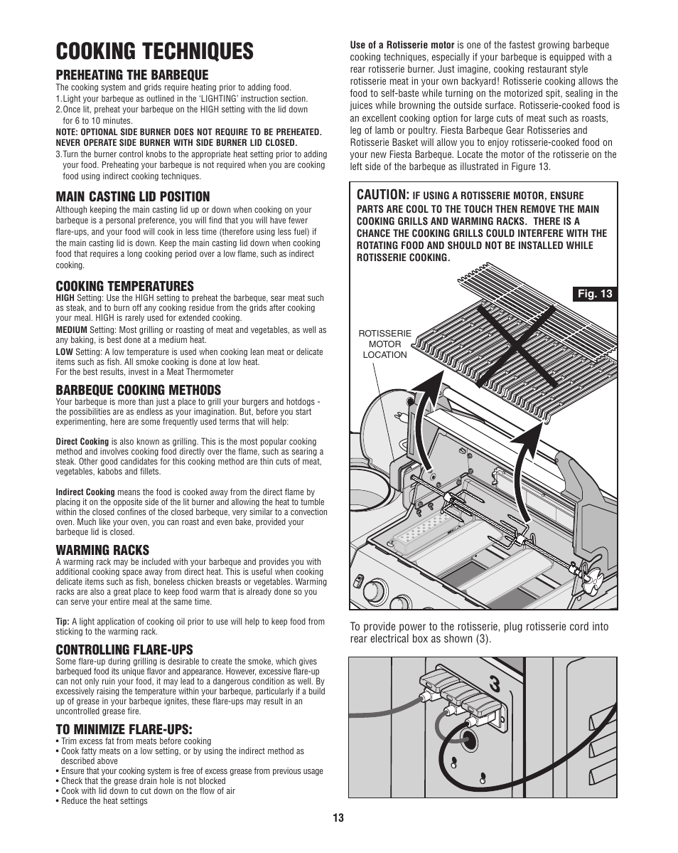 Cooking techniques, Preheating the barbeque, Main casting lid position | Cooking temperatures, Barbeque cooking methods, Warming racks, Controlling flare-ups, Caution | Fiesta FG50069 User Manual | Page 13 / 32