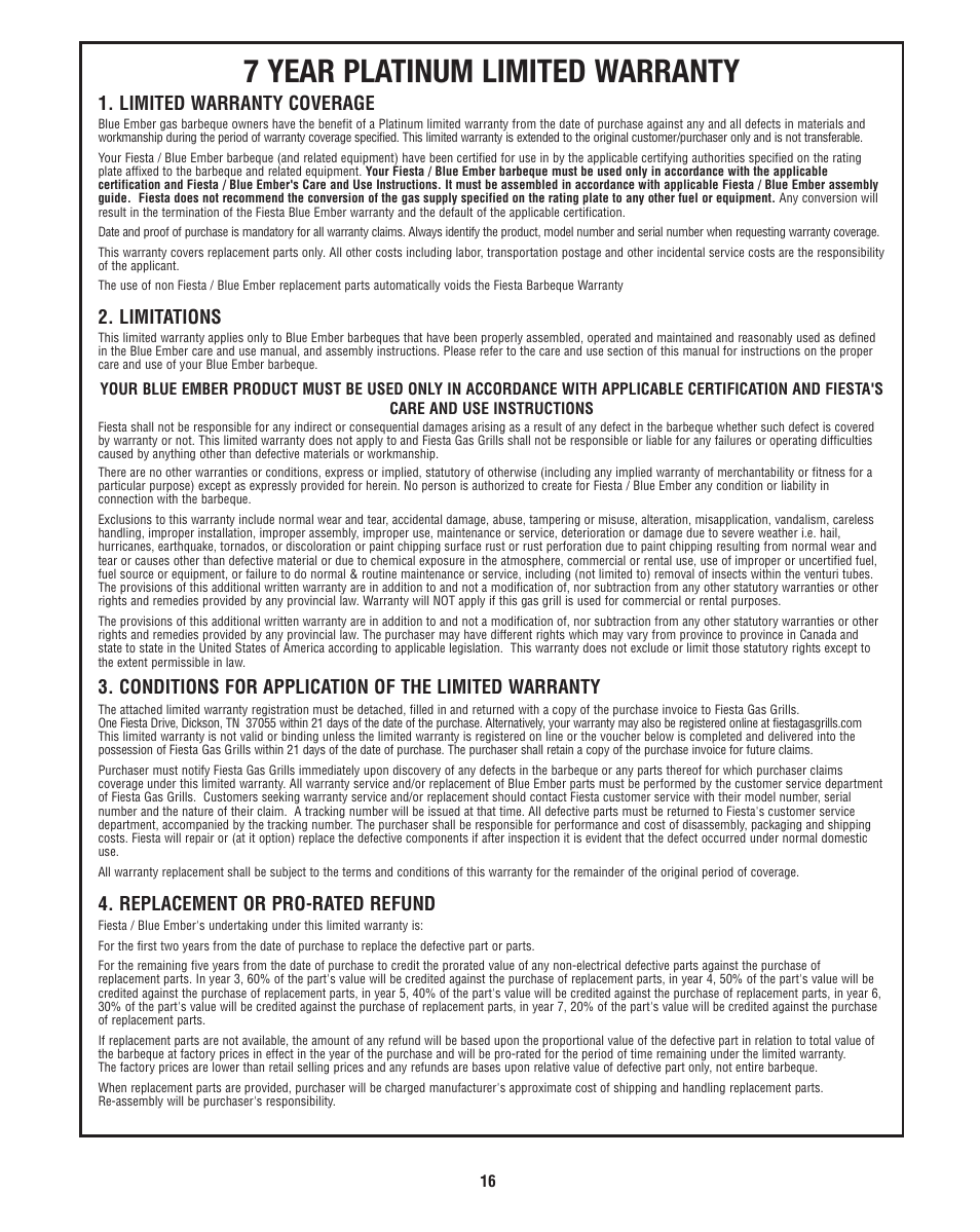 7 year platinum limited warranty, Limited warranty coverage, Limitations | Conditions for application of the limited warranty, Replacement or pro-rated refund | Fiesta FG50069 User Manual | Page 16 / 32