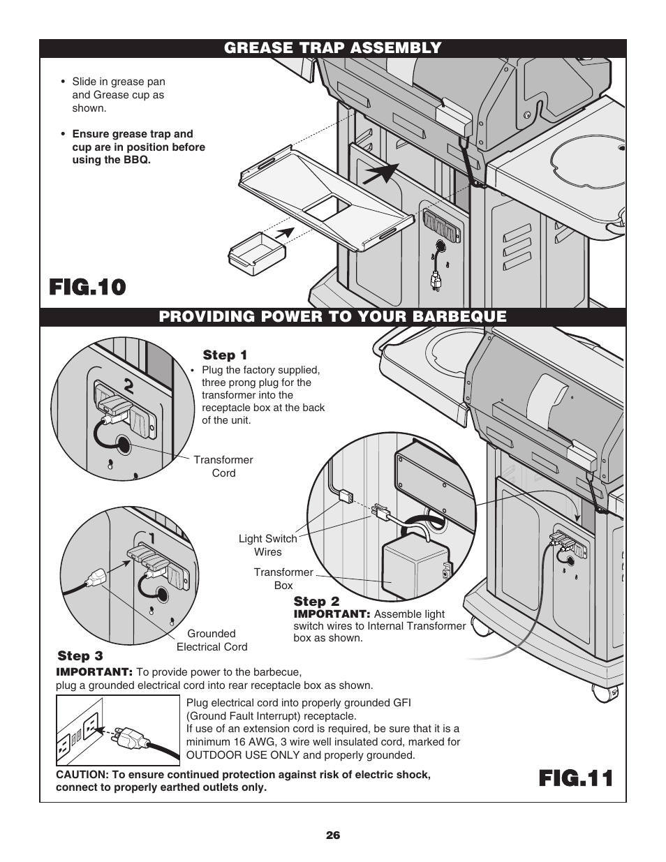 Fig.10, Fig.11, Grease trap assembly | Providing power to your barbeque | Fiesta FG50069 User Manual | Page 26 / 32