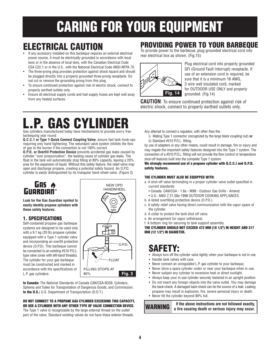 Caring for your equipment, L.p. gas cylinder, Safety | Electrical caution, Providing power to your barbeque, Warning, Caution | Fiesta FG50069 User Manual | Page 4 / 32