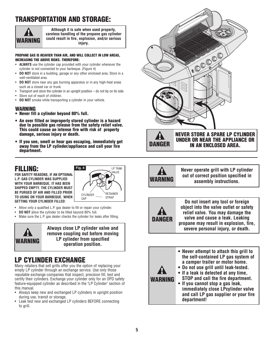 Transportation and storage, Filling, Lp cylinder exchange | Warning, Danger | Fiesta FG50069 User Manual | Page 5 / 32