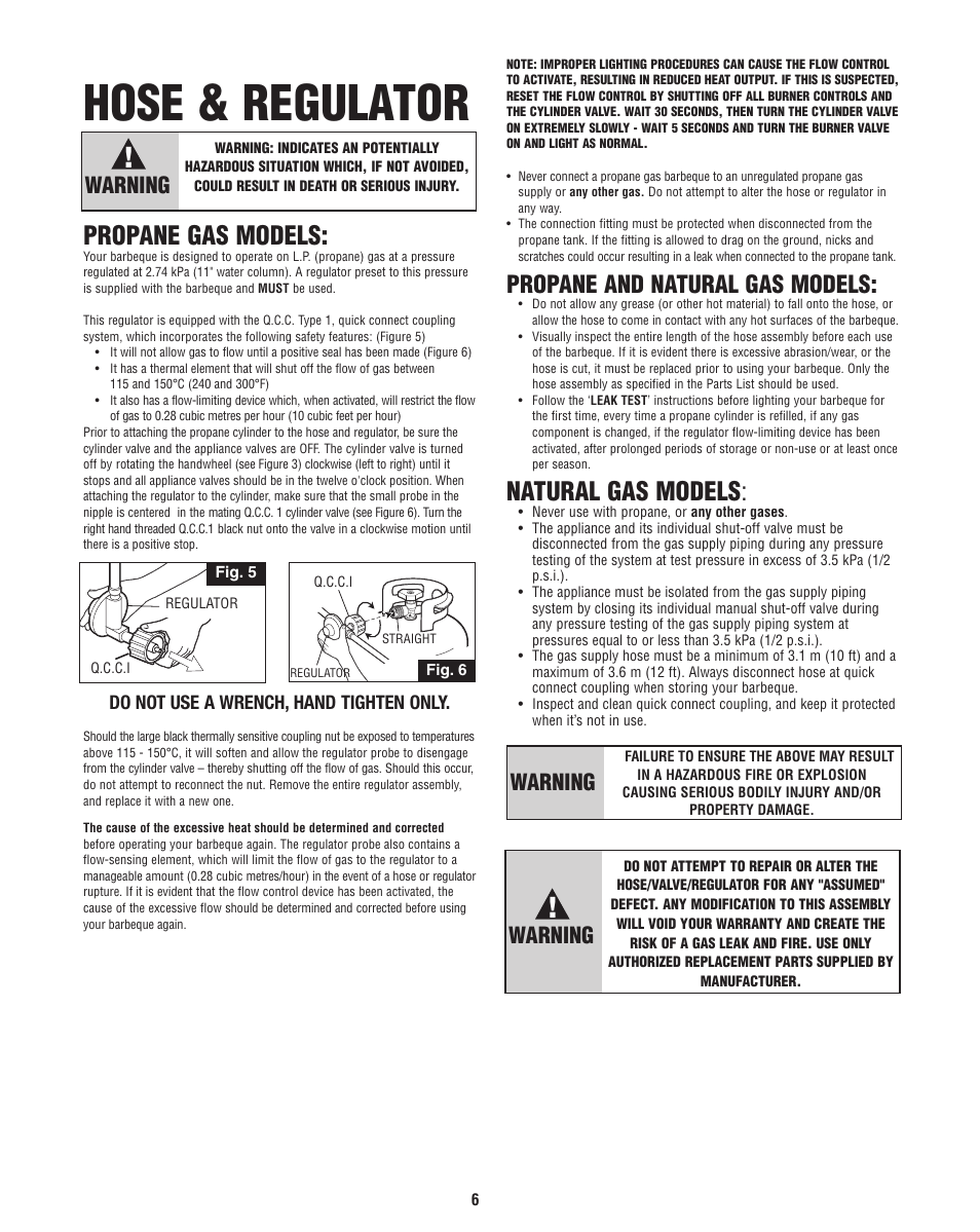 Hose & regulator, Natural gas models, Propane gas models | Propane and natural gas models, Warning | Fiesta FG50069 User Manual | Page 6 / 32