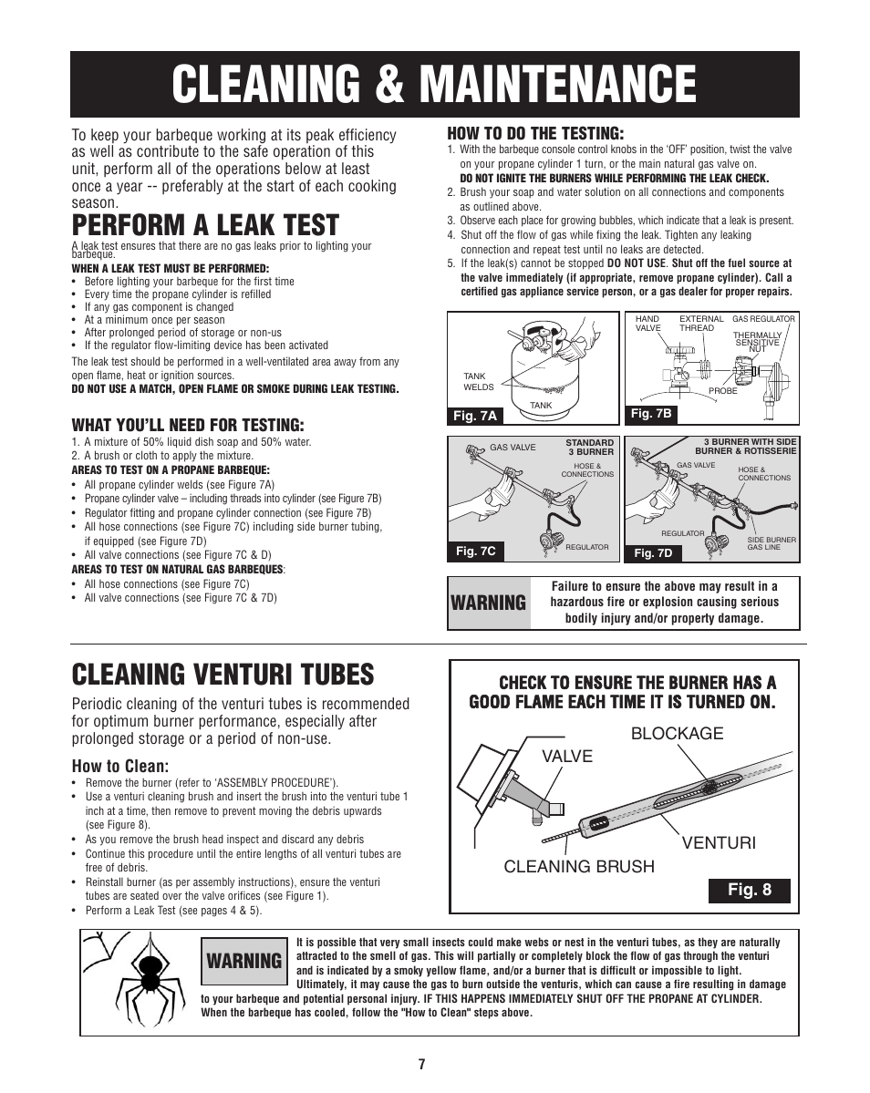 Cleaning & maintenance, Cleaning venturi tubes, Perform a leak test | Warning, How to clean, What you’ll need for testing, How to do the testing | Fiesta FG50069 User Manual | Page 7 / 32