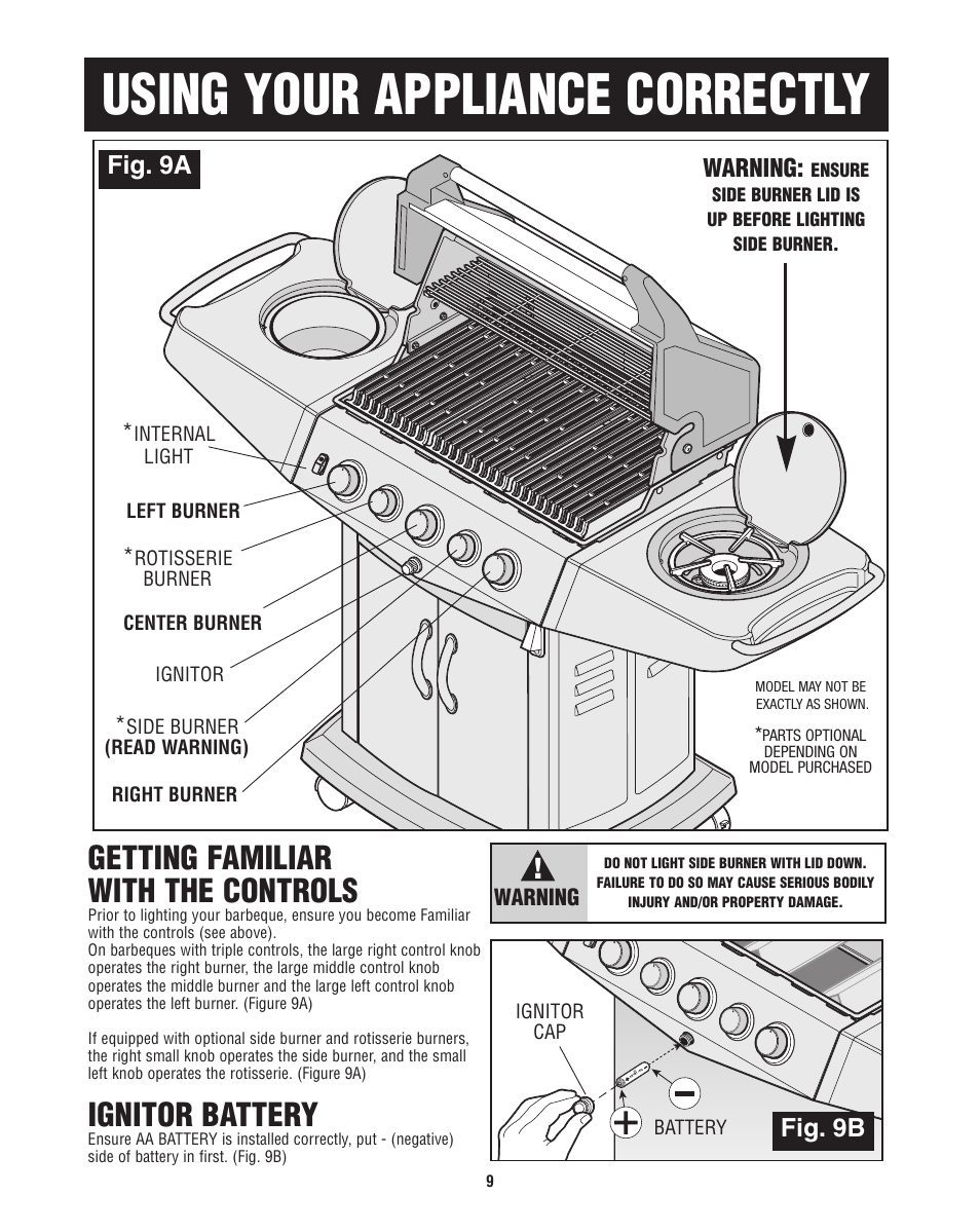 Using your appliance correctly, Getting familiar with the controls, Ignitor battery | Fig. 9a, Warning, Fig. 9b | Fiesta FG50069 User Manual | Page 9 / 32