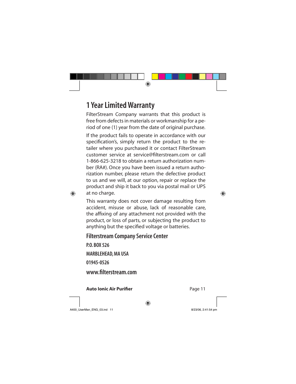 1 year limited warranty, Filterstream company service center | FilterStream AirTamer A400 User Manual | Page 13 / 14