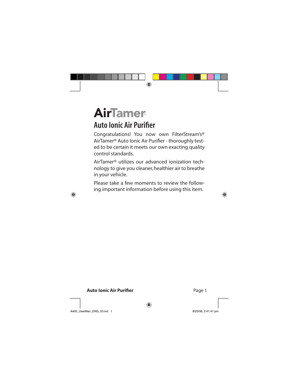 Air tamer, Auto ionic air purifi er | FilterStream AirTamer A400 User Manual | Page 3 / 14