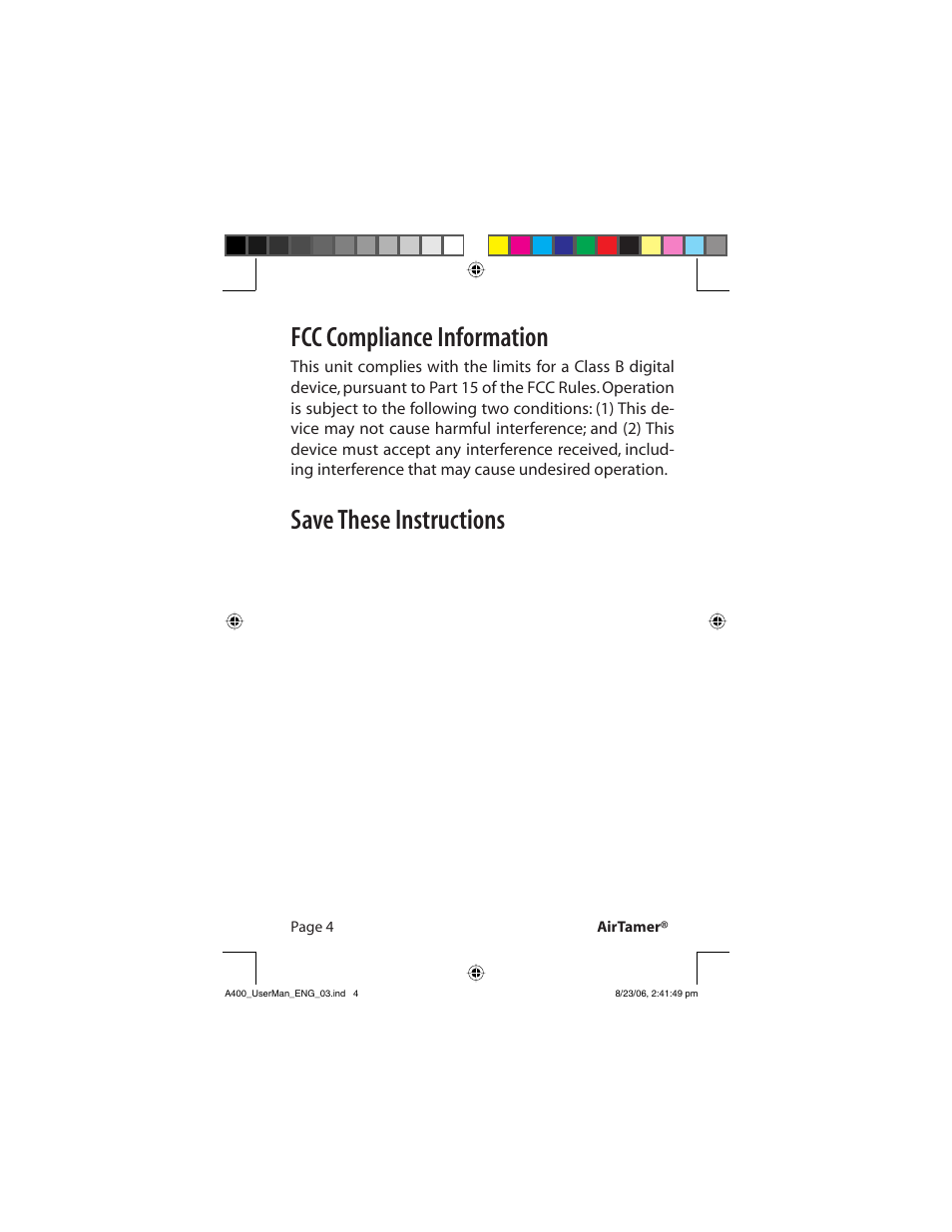 Fcc compliance information, Save these instructions | FilterStream AirTamer A400 User Manual | Page 6 / 14