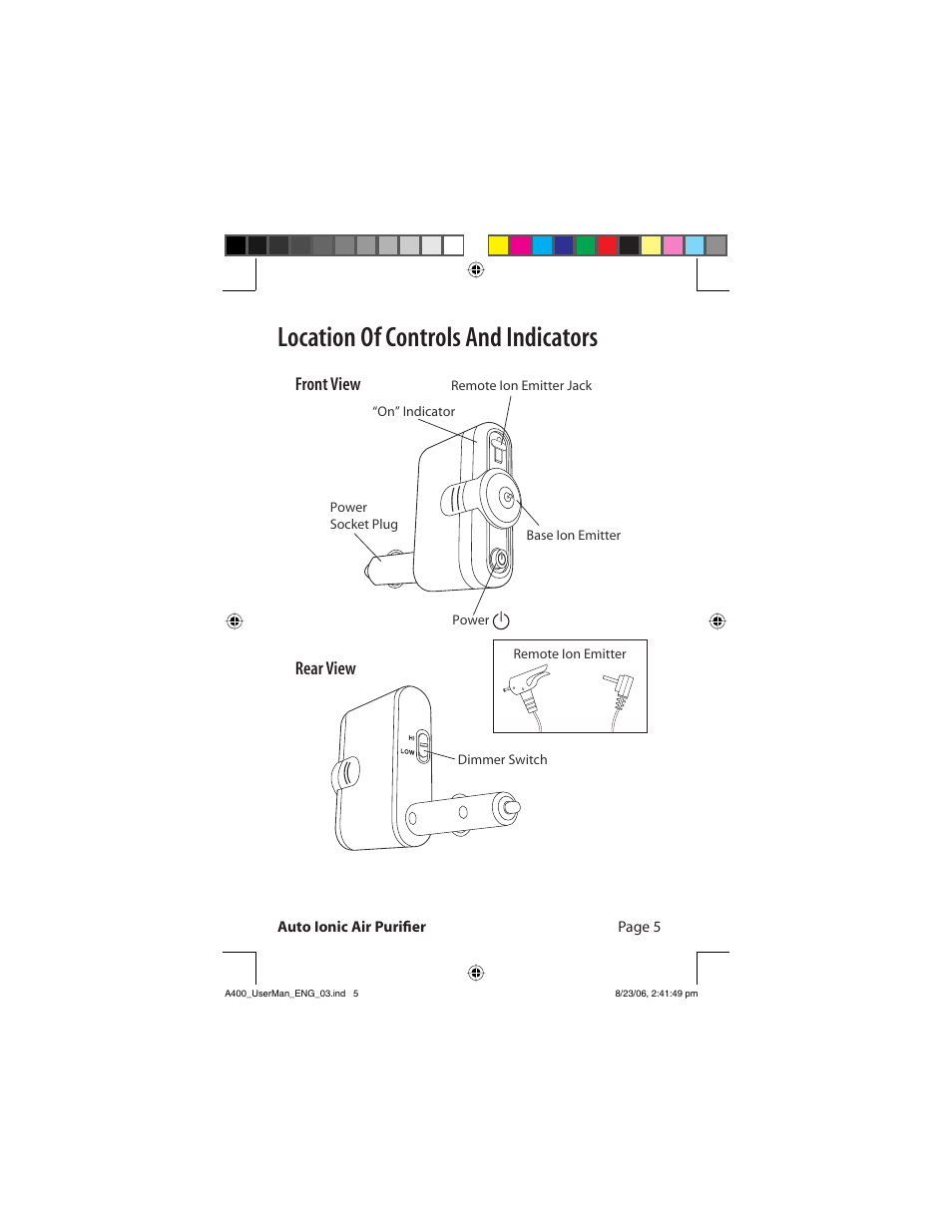 Location of controls and indicators | FilterStream AirTamer A400 User Manual | Page 7 / 14