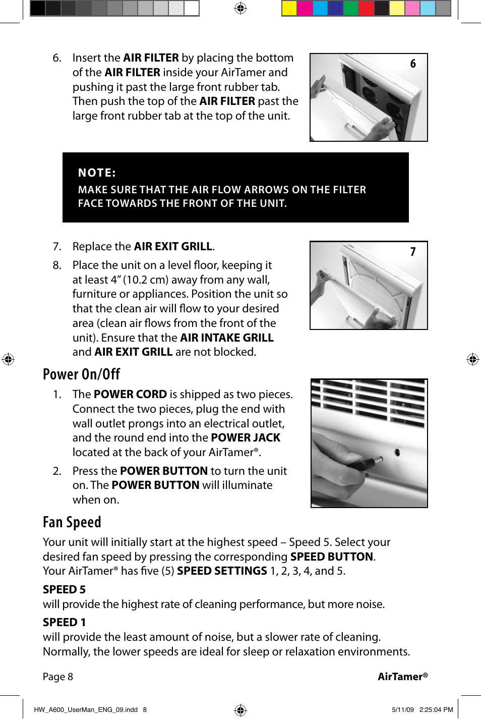 Power on/off, Fan speed | FilterStream AIRTAMER A600 User Manual | Page 10 / 24