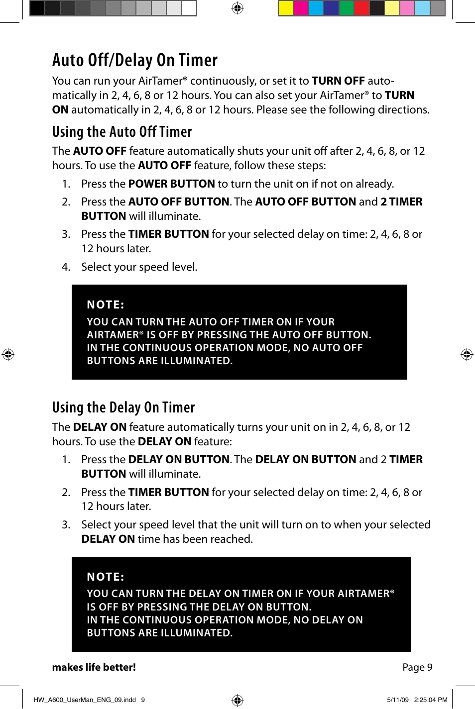 Auto off/delay on timer, Using the auto off timer, Using the delay on timer | FilterStream AIRTAMER A600 User Manual | Page 11 / 24