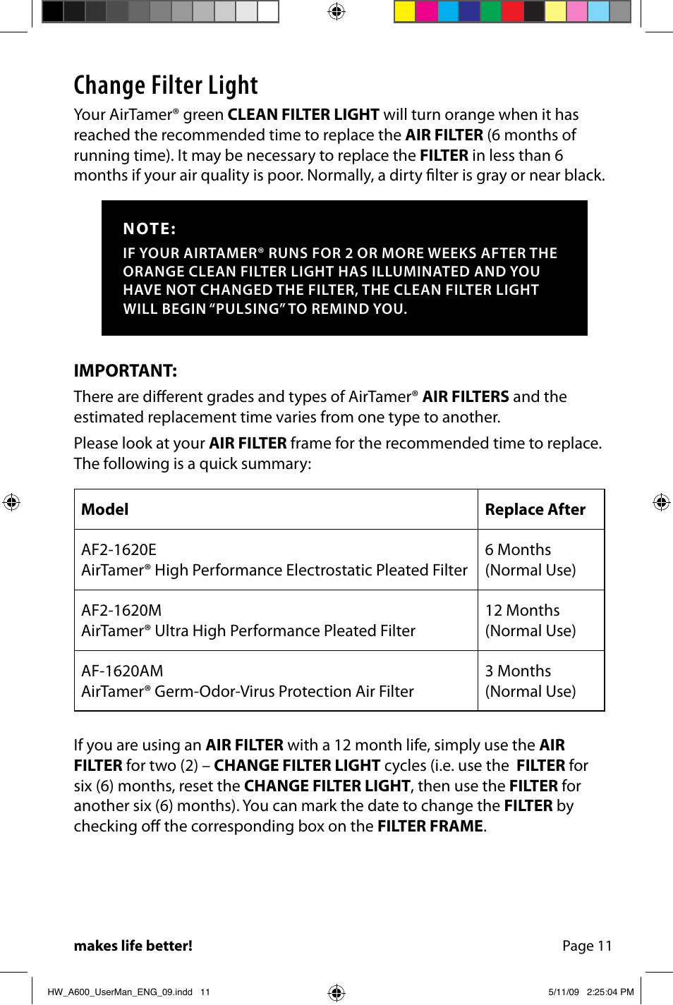 Change filter light | FilterStream AIRTAMER A600 User Manual | Page 13 / 24