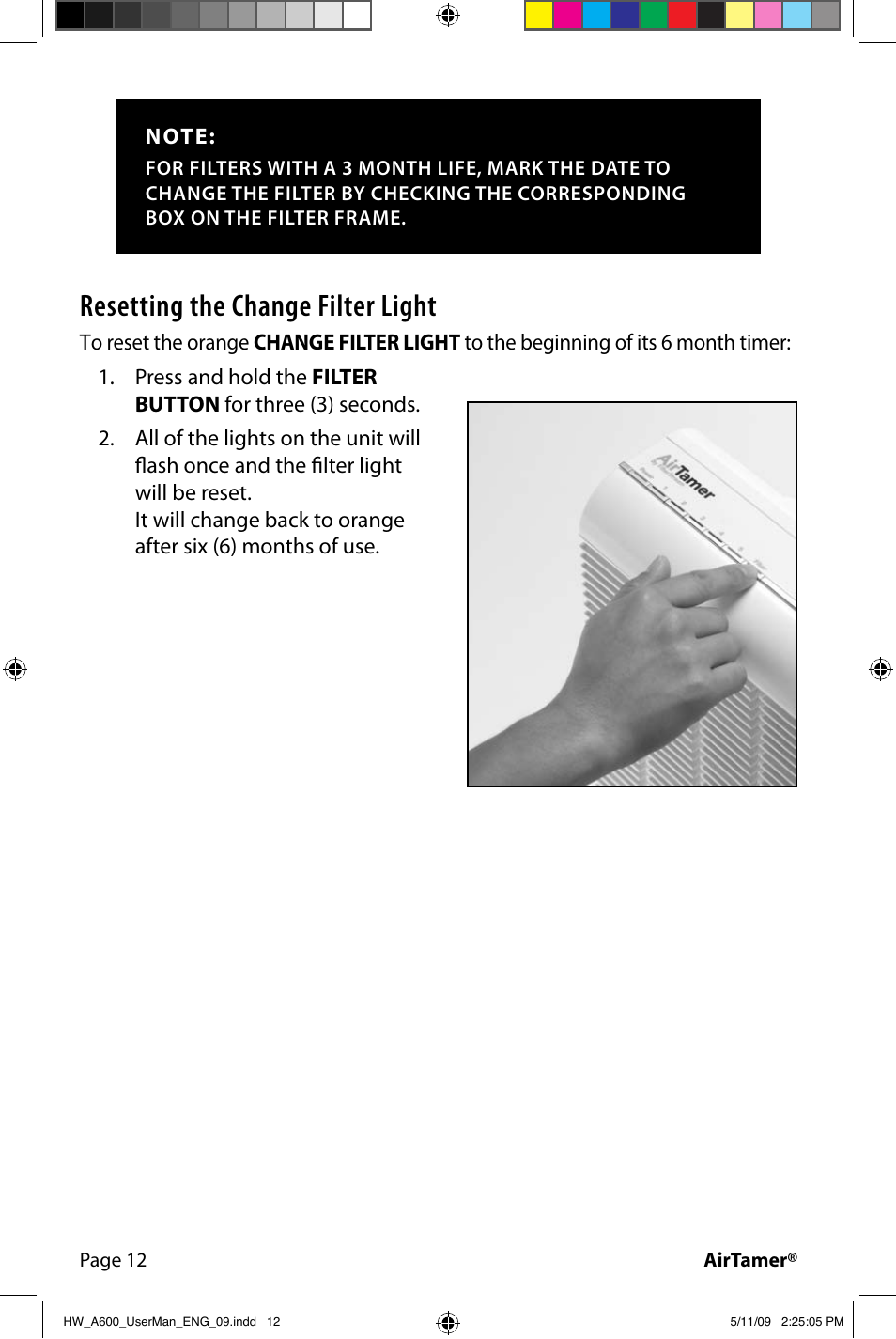 Resetting the change filter light | FilterStream AIRTAMER A600 User Manual | Page 14 / 24