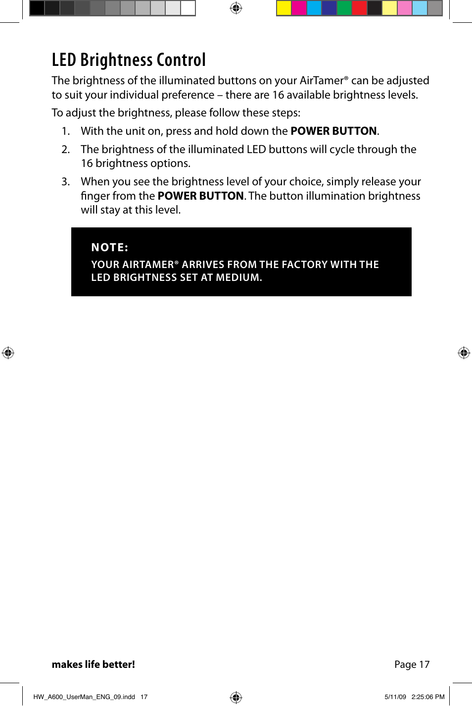 Led brightness control | FilterStream AIRTAMER A600 User Manual | Page 19 / 24