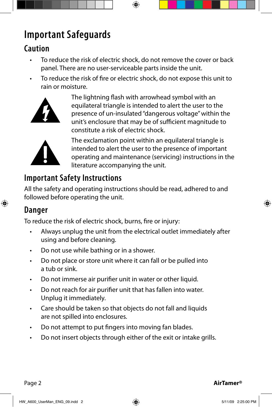 Important safeguards, Caution, Important safety instructions | Danger | FilterStream AIRTAMER A600 User Manual | Page 4 / 24