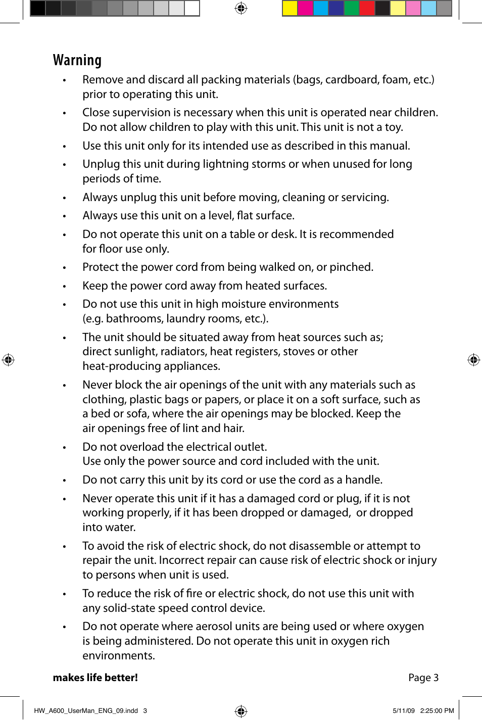 Warning | FilterStream AIRTAMER A600 User Manual | Page 5 / 24