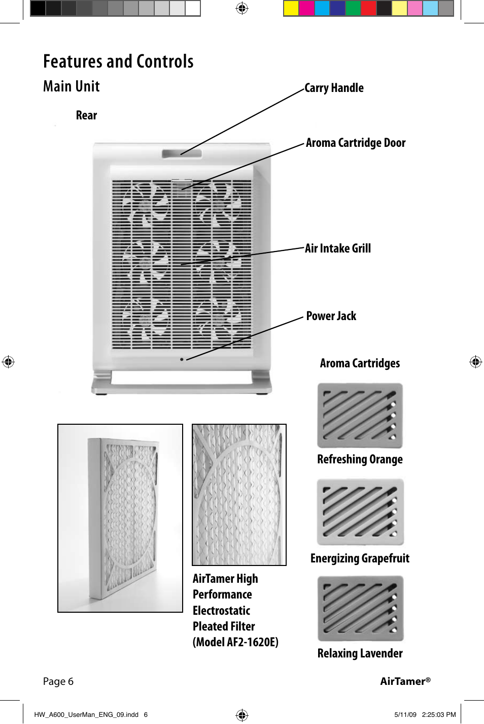 Features and controls, Main unit | FilterStream AIRTAMER A600 User Manual | Page 8 / 24