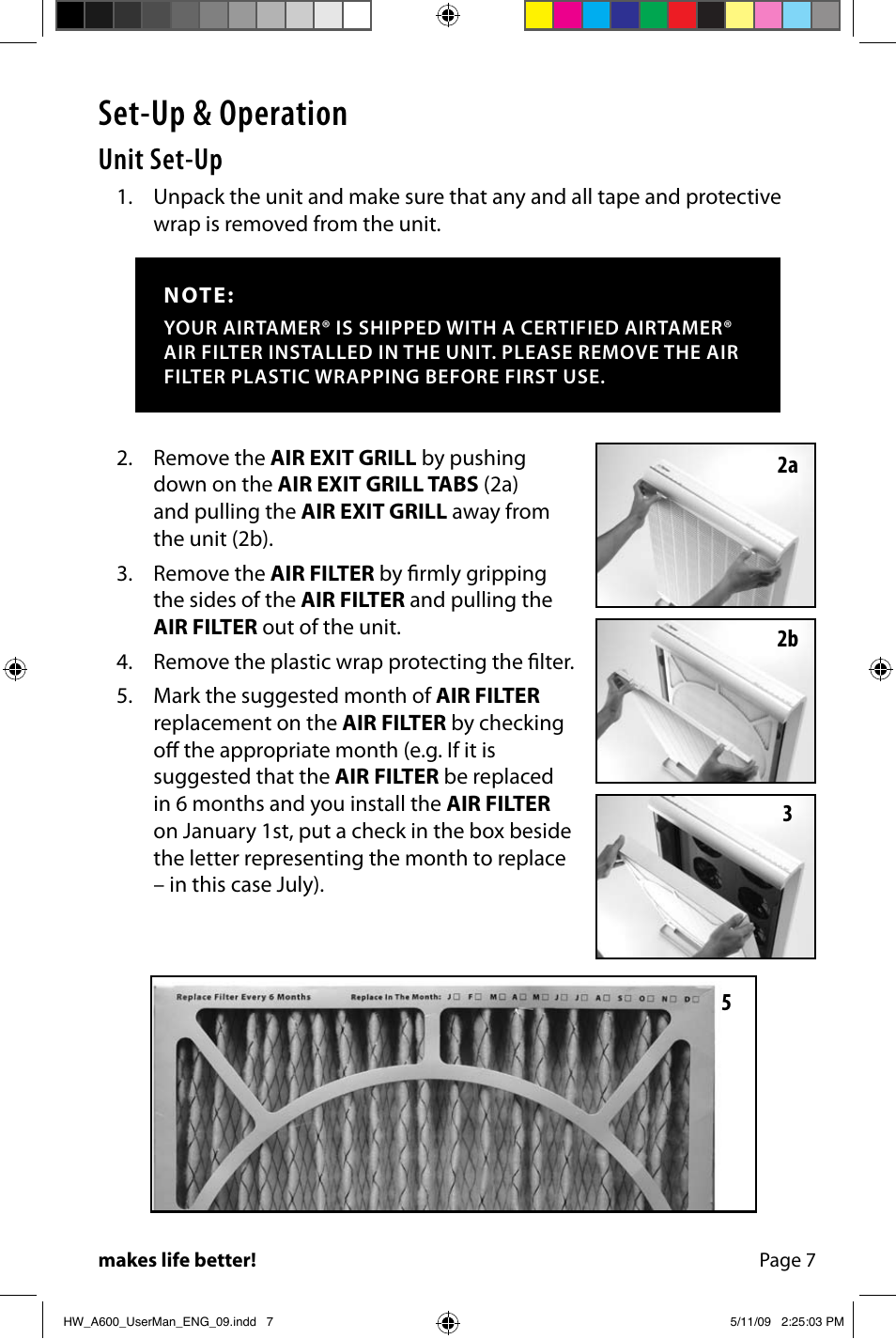 Set-up & operation, Unit set-up | FilterStream AIRTAMER A600 User Manual | Page 9 / 24