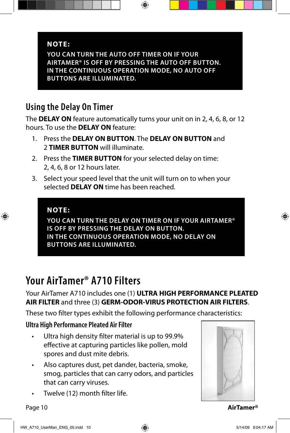Your airtamer® a710 filters, Using the delay on timer | FilterStream Ultra High Efficiency Air Purifier HW_A710 User Manual | Page 12 / 24
