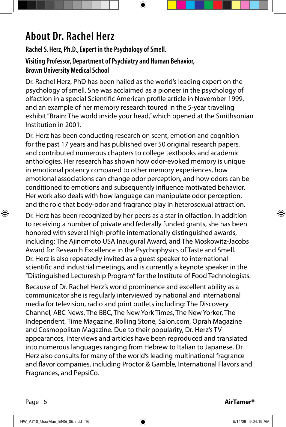 About dr. rachel herz | FilterStream Ultra High Efficiency Air Purifier HW_A710 User Manual | Page 18 / 24