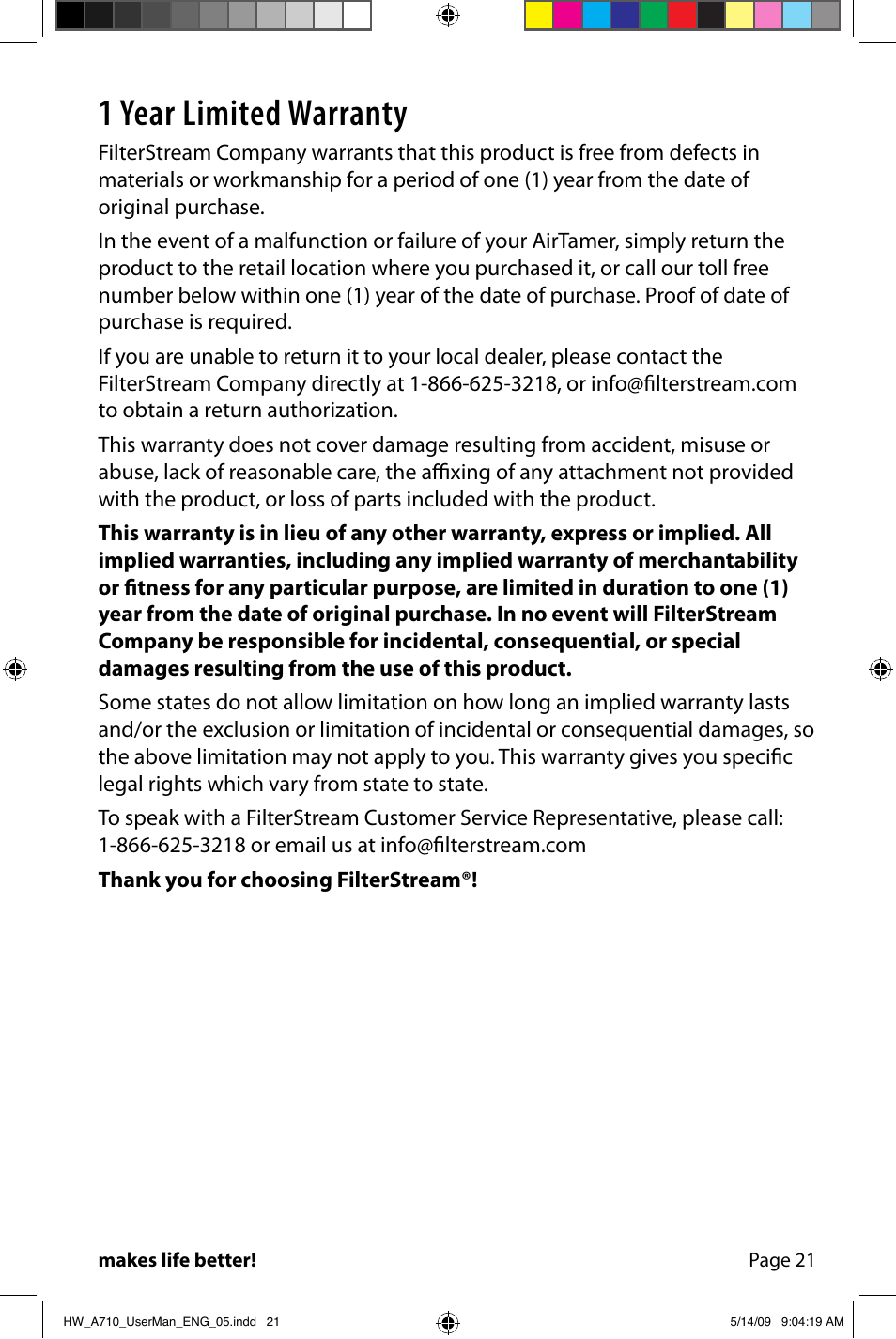 1 year limited warranty | FilterStream Ultra High Efficiency Air Purifier HW_A710 User Manual | Page 23 / 24