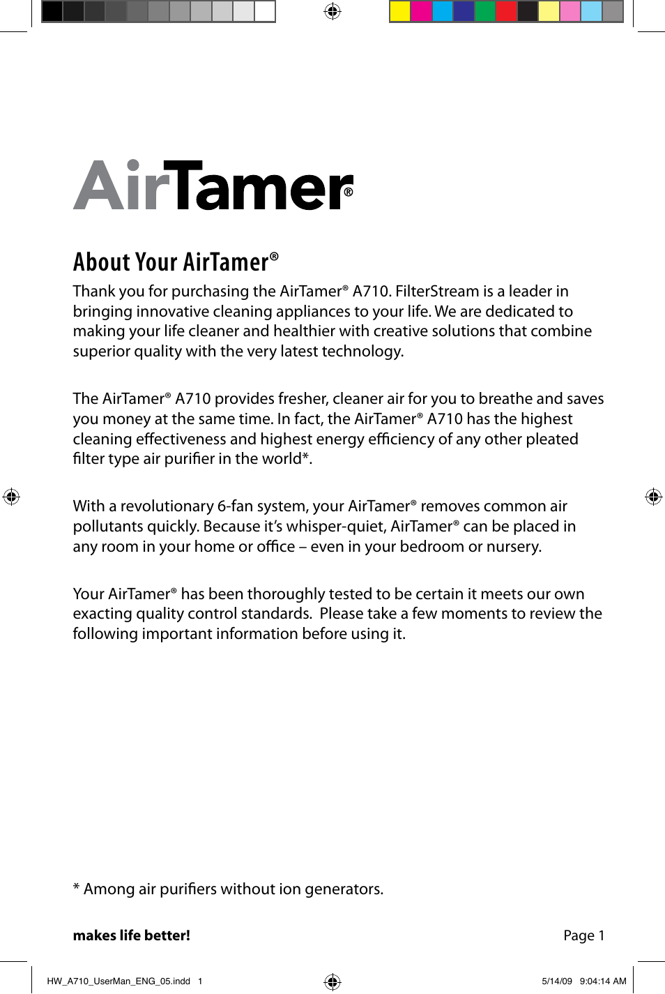 About your airtamer | FilterStream Ultra High Efficiency Air Purifier HW_A710 User Manual | Page 3 / 24
