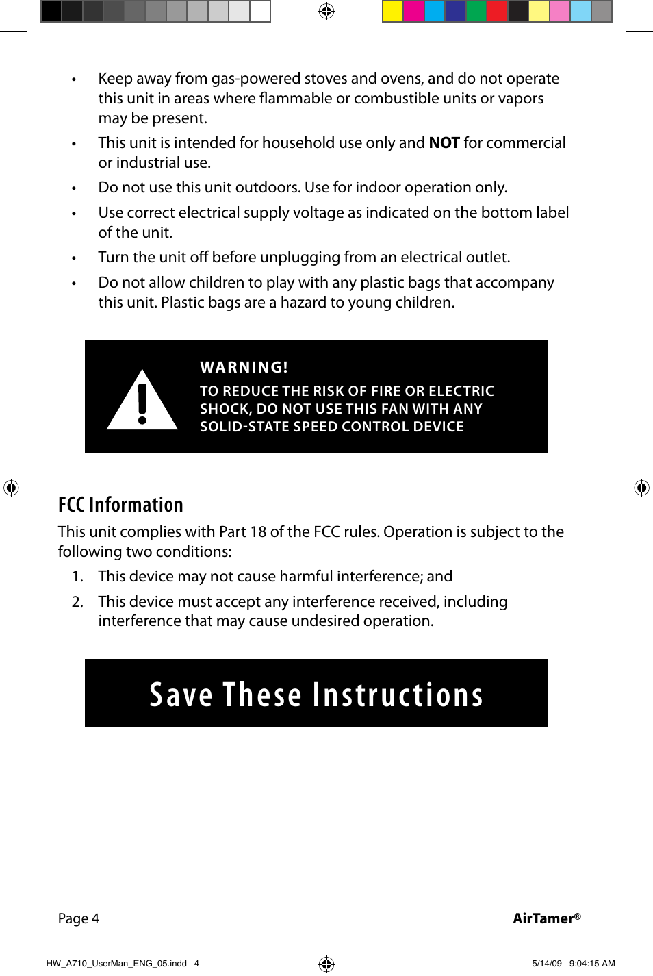 Save these instructions, Fcc information | FilterStream Ultra High Efficiency Air Purifier HW_A710 User Manual | Page 6 / 24