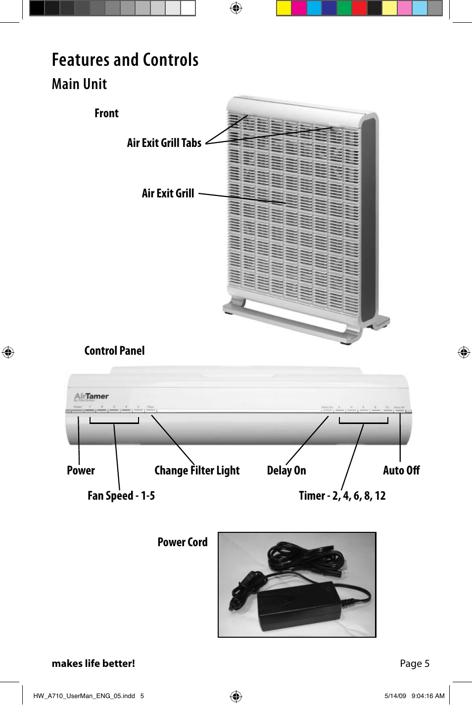 Features and controls, Main unit | FilterStream Ultra High Efficiency Air Purifier HW_A710 User Manual | Page 7 / 24